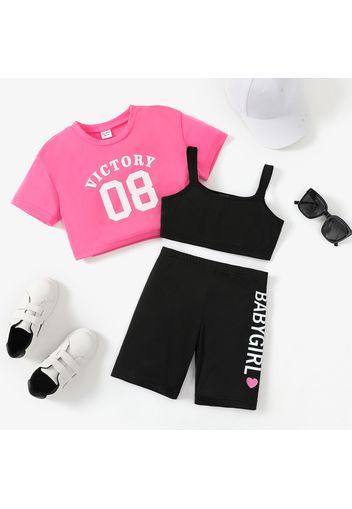 3pcs Kid Girl Black Tank Top & Letter Print Pink Crop Tee and Shorts Set