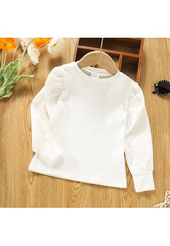 Toddler Girl Long Puff-sleeve Round-collar Ribbed Solid Tee