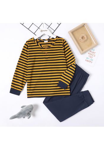 2-piece Kid Boy Stripe Long-sleeve Henley Shirt and Dark Blue Pants Pants Set