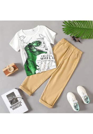 2-piece Kid Boy Letter Dinosaur Print Short-sleeve White Tee and Elasticized Khaki Straight Pants Set