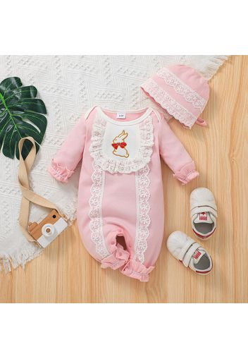 Easter 2pcs Baby Girl Lace Decor Rabbit Print Pink Long-sleeve Jumpsuit with Hat Set