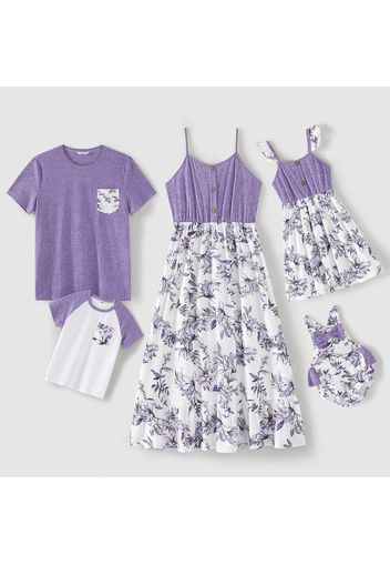 Family Matching Allover Floral Print Spliced Purple Cami Dresses and Short-sleeve T-shirts Sets