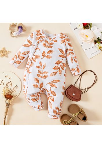 Baby Girl Leaves Print White/Brown Long-sleeve Jumpsuit