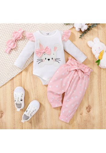 3pcs Baby Girl 95% Cotton Long-sleeve Rabbit Embroidered Rib Knit Romper and Polka Dots Paperbag Waist Pants with Headband Set