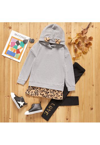 2-piece Kid Girl Leopard Hem Ear Design Faux-two Hoodie and Letter Print Pants Set