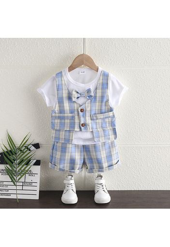 2pcs Toddler Boy Gentleman Suit, Faux-two Bow tie Design Plaid Top and Shorts Set