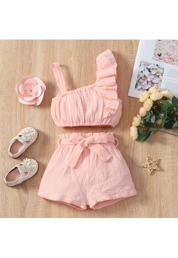 2pcs Toddler Girl 100% Cotton Solid Color Ruffled Camisole and Belted Shorts Set