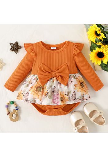 Baby Girl Orange Ribbed Long-sleeve Splicing Butterfly and Floral Print Romper