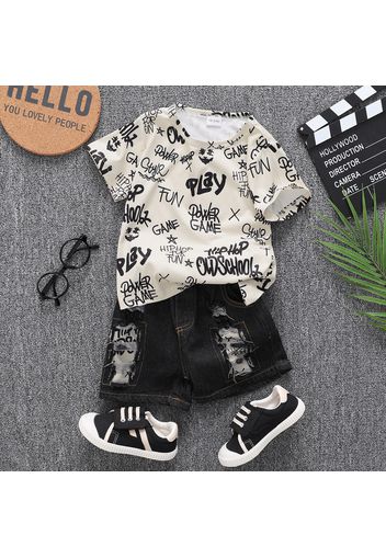 2pcs Toddler Boy Trendy Ripped Denim Shorts & Letter Print Tee Set