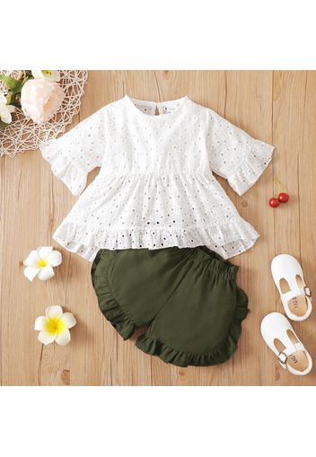 2-piece Toddler Girl Hollow out Ruffled High Low Short-sleeve White Top and Paperbag Shorts Set