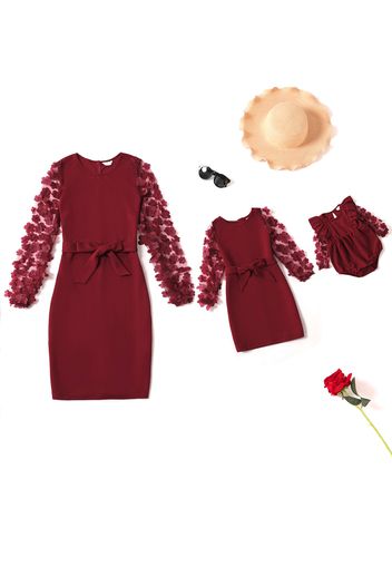 Dark Red 3D Floral Applique Decor Mesh Long-sleeve Belted Pencil Dress for Mom and Me