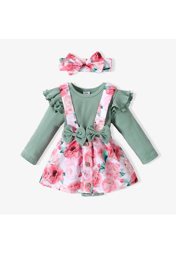 2pcs Baby Floral Print Ribbed Ruffle Long-sleeve Faux-two Romper Dress Set