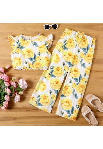 Kid Girl Floral fly sleeve top and pants Suits