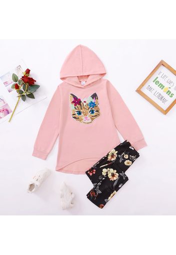 2-piece Kid Girl Sequined Animal Cat Pattern Pink Hoodie Sweatshirt and Floral Print Leggings Set