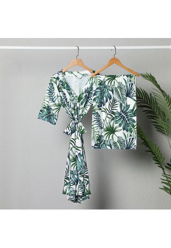 Allover Green Tropical Plant Print Short-sleeve Robe and Swaddle Set