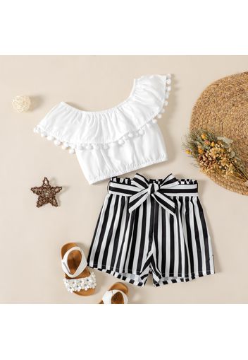 2-piece Toddler Girl Pompom Design Flounce Off Shoulder White Tee and Belted Stripe Shorts Set