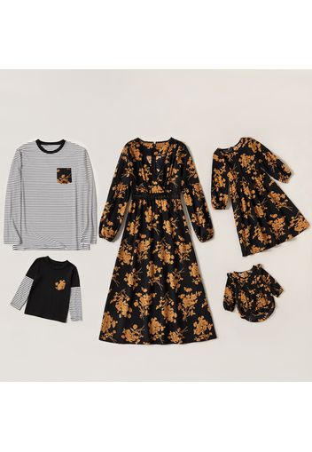 Floral Print Black Family Matching Sets(Long Sleeve Midi Dresses and Striped T-shirts)