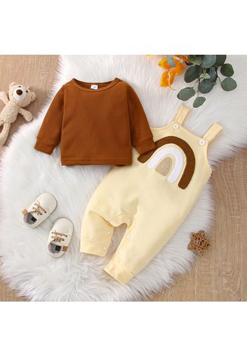 2pcs Baby Boy/Girl Solid Waffle Long-sleeve Pullover and Rainbow Embroidered Overalls Set