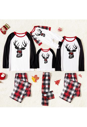 Christmas Reindeer and Letter Print Family Matching Raglan Long-sleeve Plaid Pajamas Sets (Flame Resistant)