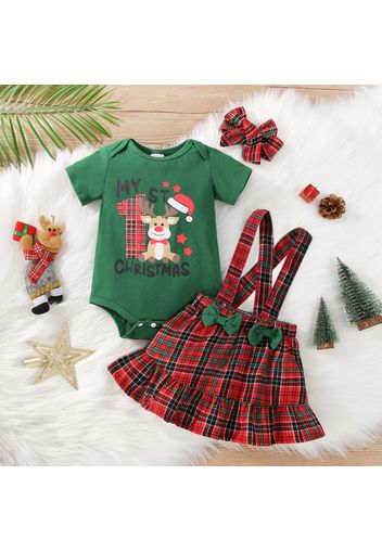 Christmas 3pcs Reindeer and Letter Print Short-sleeve Romper and Plaid Suspender Skirt Set