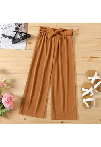 Kid Girl Solid Color Ribbed Belted Wide Leg Pants