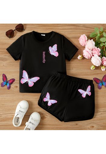 2pcs Kid Girl Butterfly Print Short-sleeve Tee and Elasticized Shorts Set