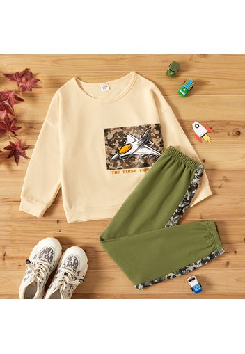 2-piece Kid Boy Letter Vehicle Plane Camouflage Print Long-sleeve Tee and Colorblock Pants Set