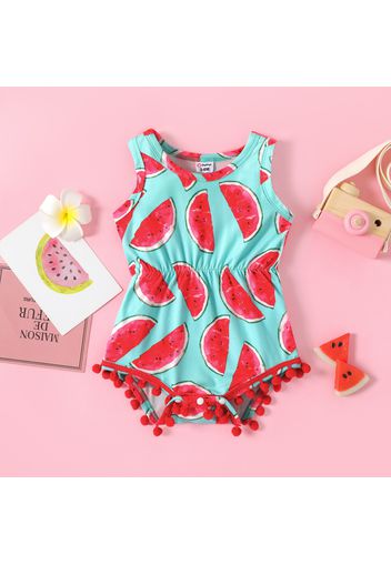 Baby Girl Allover Watermelon Print Pom Poms Design Sleeveless Romper