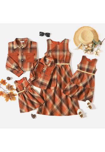 Brown Plaid Family Matching Sleeveless Dresses and Long-sleeve Shirts Sets