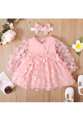 2pcs Baby Girl All Over Floral Applique Mesh Long-sleeve Dress with Headband Set