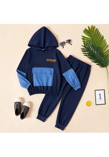 2-piece Kid Boy Letter Print Denim Pocket Design Colorblock Hoodie Sweatshirt and Navy Pants Set