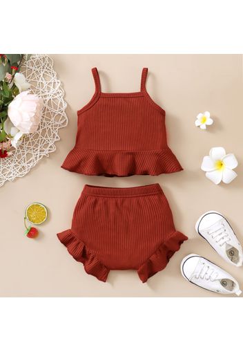 2pcs Baby Girl Solid Ribbed Sleeveless Spaghetti Strap Ruffle Top and Shorts Set