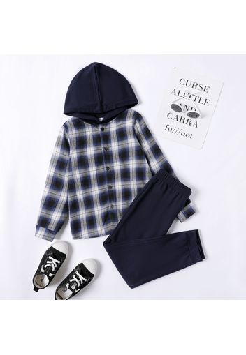 2-piece Kid Boy Plaid Button Design Hooded Long-sleeve Shirt and Dark Blue Pants Set