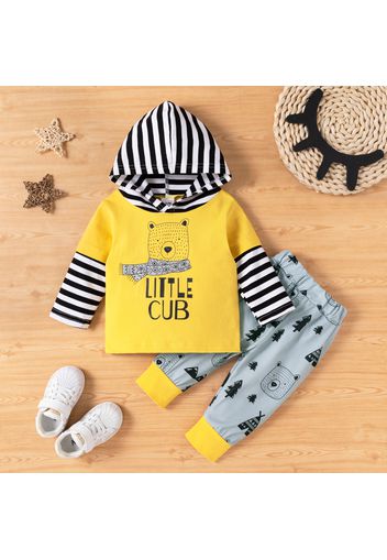 2pcs Baby Boy Cartoon Bear and Letter Print Yellow Splicing Striped Faux-two Long-sleeve Hoodie with Trousers Set