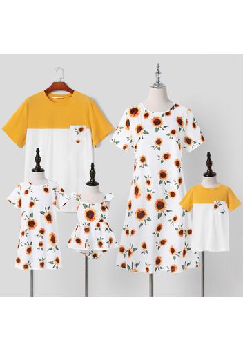 Family Matching All Over Sunflowers Floral Print Short-sleeve Dresses and Colorblock T-shirts Sets