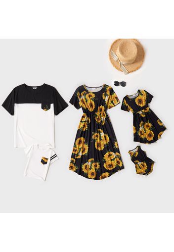 Sunflower Print Family Matching White and Color Block Sets(Irregular Hem Midi Dresses for Mom and Girl ; Loose Short Sleeve T-shirts for Dad and Boy)