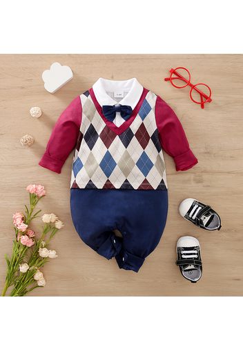 Baby Boy Long-sleeve Argyle Pattern Spliced Gentleman Bow Tie Jumpsuit