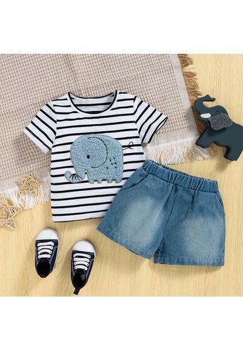 100% Cotton 2pcs Baby Girl Cartoon Elephant Embroidered Striped Short-sleeve T-shirt and Denim Shorts Set