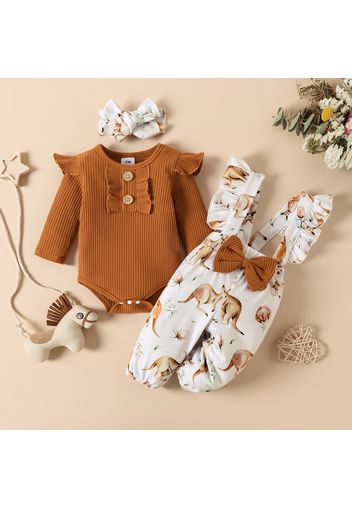 3pcs Baby Girl 95% Cotton Ribbed Long-sleeve Romper and Allover Animal Print Ruffle Trim Suspender Pants with Headband Set