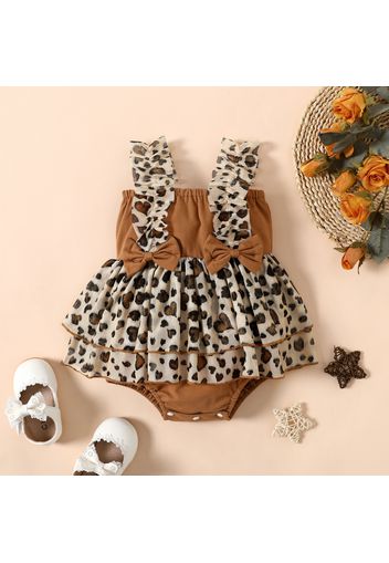 Baby Girl Sleeveless Bowknot Leopard Print Mesh Layered Romper