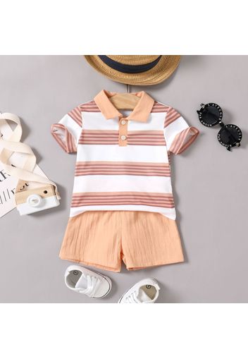 2pcs Baby Boy 100% Cotton Crepe Shorts and Striped Short-sleeve Polo Shirt Set