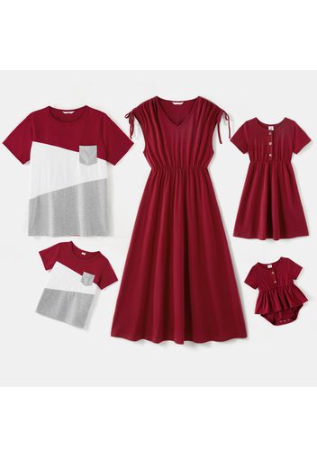 Family Matching Solid V Neck Drop Shoulder Drawstring Short-sleeve Dresses and Colorblock T-shirts Sets