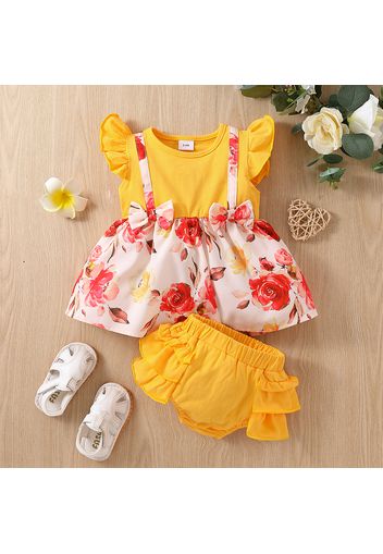 2pcs Baby Girl Yellow Flutter-sleeve Splicing Floral Print Bowknot Top and Layered Ruffle Shorts Set