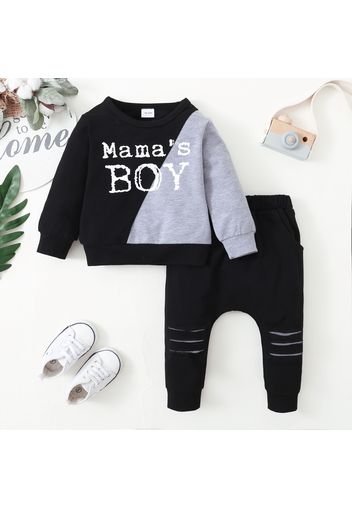 2-piece Toddler Boy Letter Print Colorblock Pullover and Cut Out Pants Set