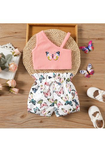 2pcs Baby Girl Butterfly Print Rib Knit One Shoulder Cami Crop Top and Bow Front Shorts Set