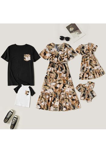 Floral Print Family Matching Sets(Ruffle Belted Midi Dresses and Short Sleeve T-shirts）