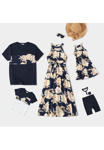 Family Matching Floral Print Sleeveless Halter Neck Dresses and Short-sleeve Splicing T-shirts Sets