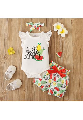 3pcs Baby Girl Lace Flutter-sleeve Cartoon Fruits Print Romper and Bow Front Shorts with Headband Set