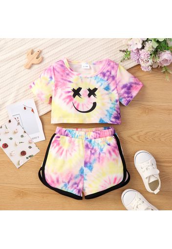 2pcs Baby Girl Cartoon Tie Dye Short-sleeve Crop Top and Shorts Set