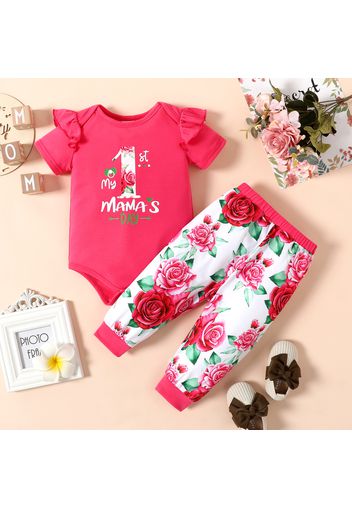 Mother's Day 2pcs Baby Girl Letter Print Hot Pink Ruffle Short-sleeve Romper and Floral Print Trousers Set